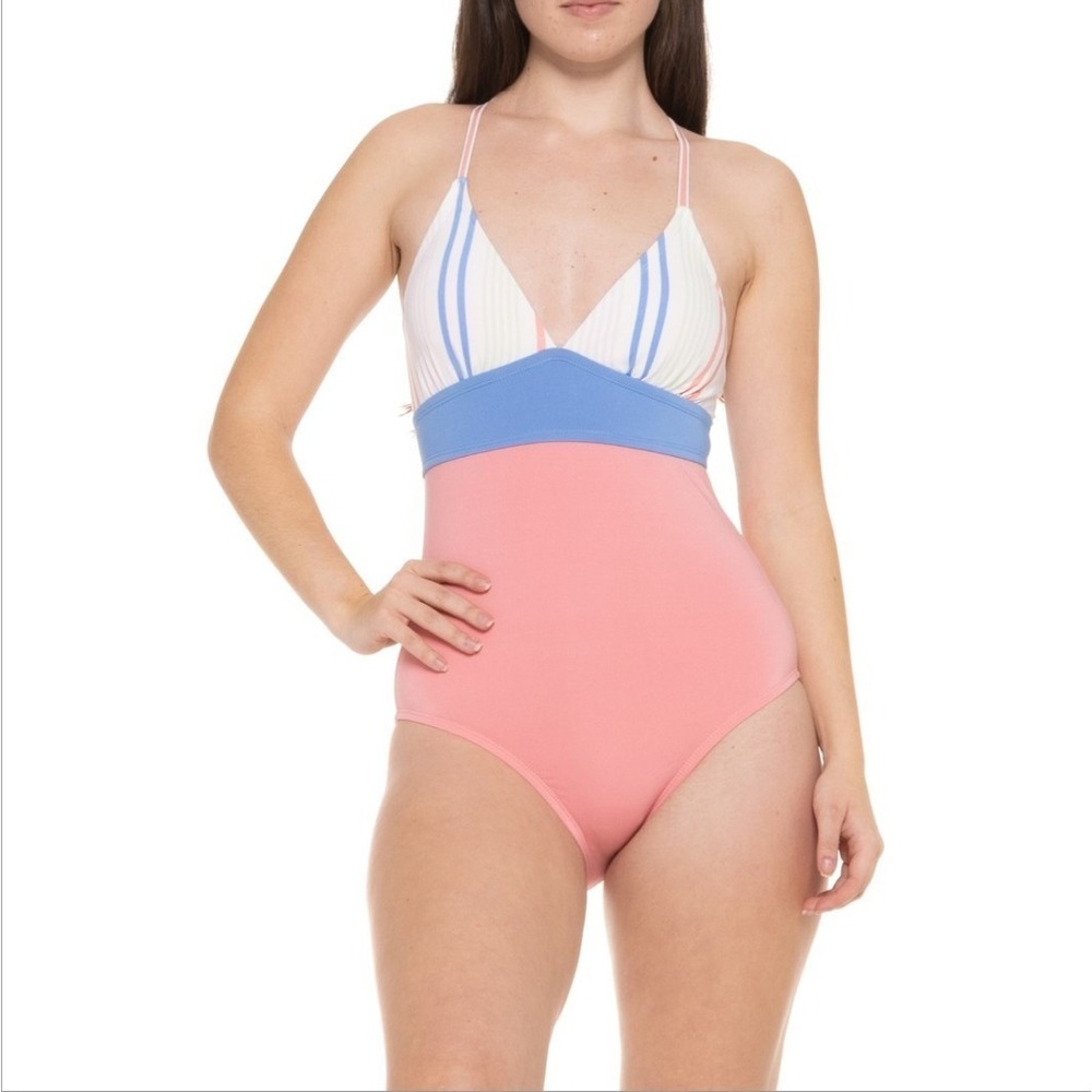 NWT Carve Designs Dahlia Sz L One-Piece White Coral Blue Striped Swimsuit UPF 50